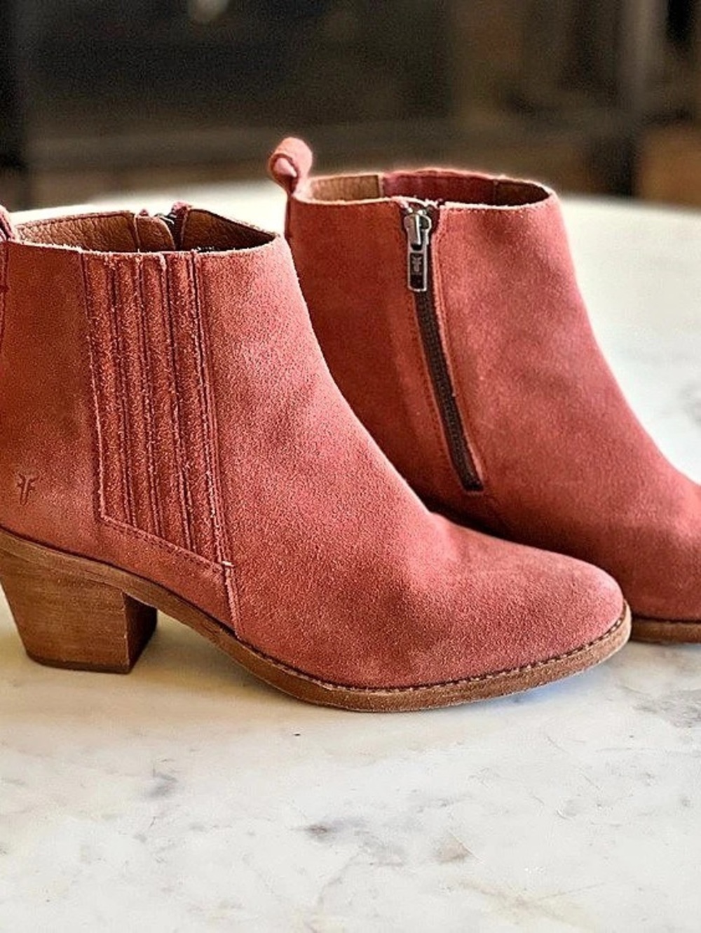 FRYE Dusty Rose Suede Ankle Booties | Side Zip Block Heel Boots Size 8.5